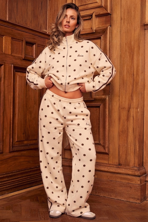 Kaiia Polka Dot Side Stripe Oversized Zip Through Sweatshirt Cream & Chocolate