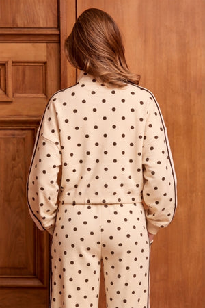 Kaiia Polka Dot Side Stripe Oversized Zip Through Sweatshirt Cream & Chocolate