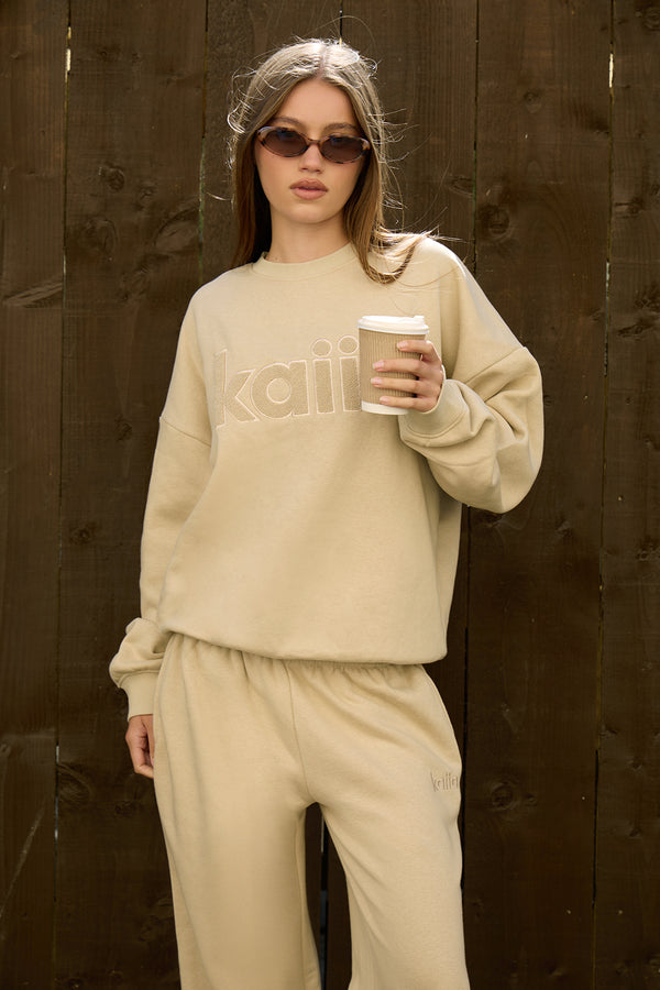 Kaiia Borg Logo Oversized Sweatshirt Cool Taupe