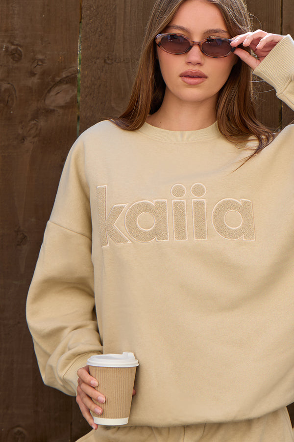 Kaiia Borg Logo Oversized Sweatshirt Cool Taupe