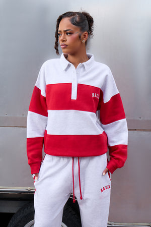 Kaiia Striped Oversized Rugby Sweatshirt Light Grey Marl & Sport Red