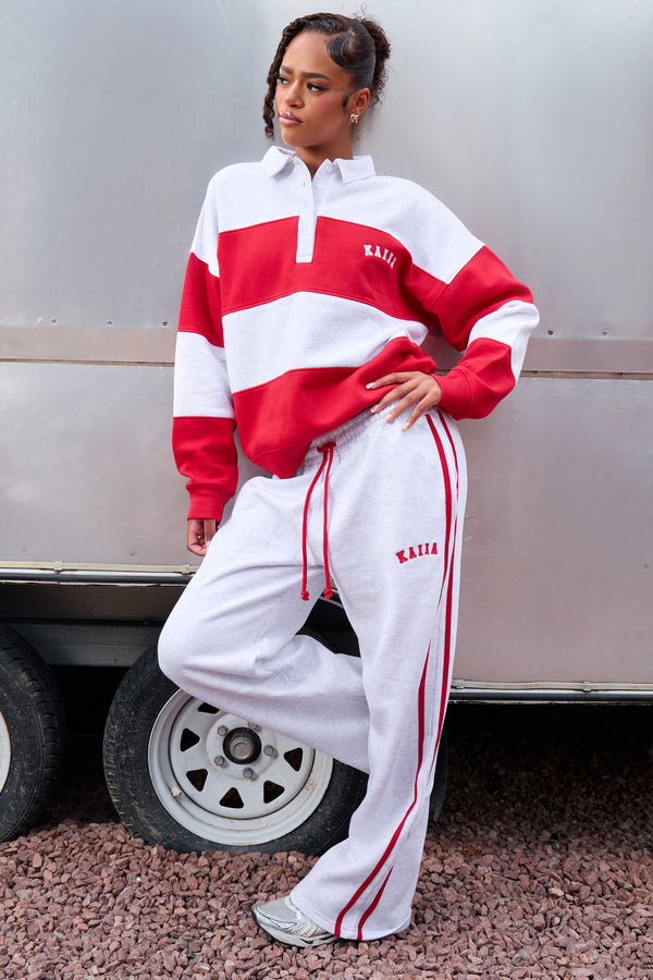 Kaiia Striped Oversized Rugby Sweatshirt Light Grey Marl & Sport Red