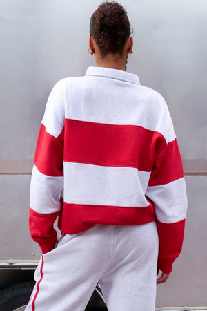Kaiia Striped Oversized Rugby Sweatshirt Light Grey Marl & Sport Red
