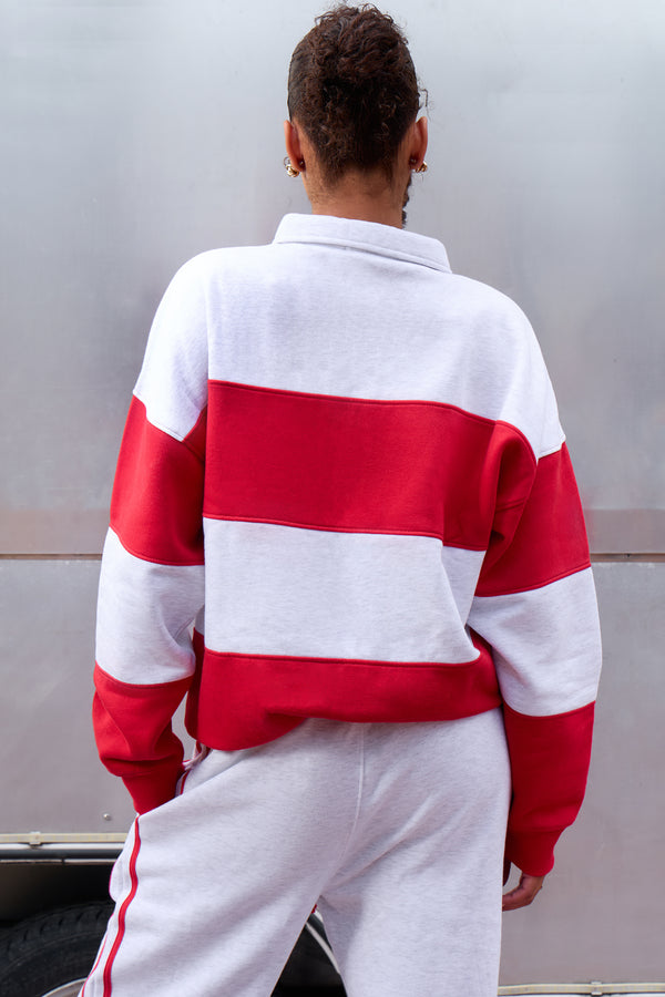 Kaiia Striped Oversized Rugby Sweatshirt Light Grey Marl & Sport Red