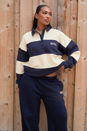 Kaiia Striped Oversized Rugby Sweatshirt Ink Blue & Lemon