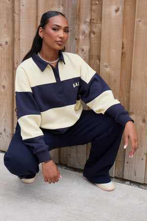 Kaiia Striped Oversized Rugby Sweatshirt Ink Blue & Lemon