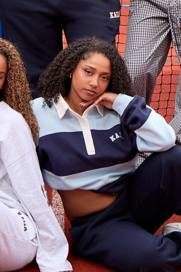 Kaiia Striped Oversized Rugby Sweatshirt Navy & Sky Blue