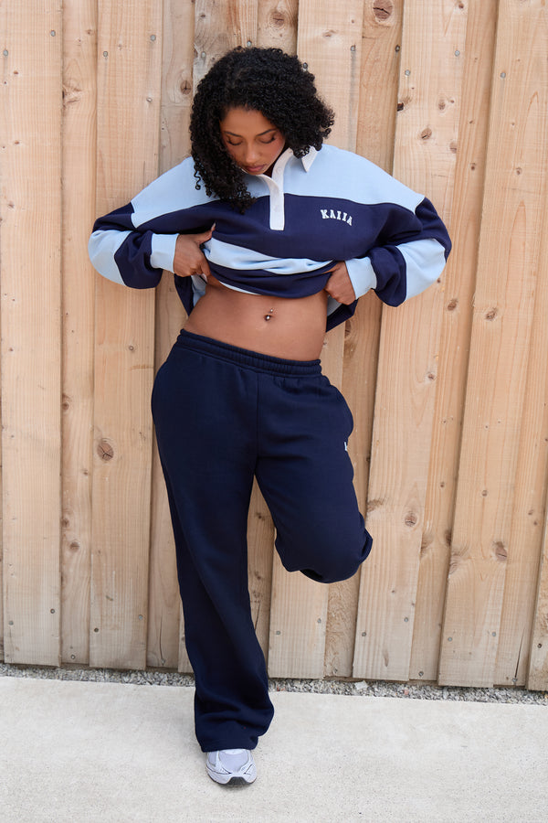 Kaiia Striped Oversized Rugby Sweatshirt Navy & Sky Blue