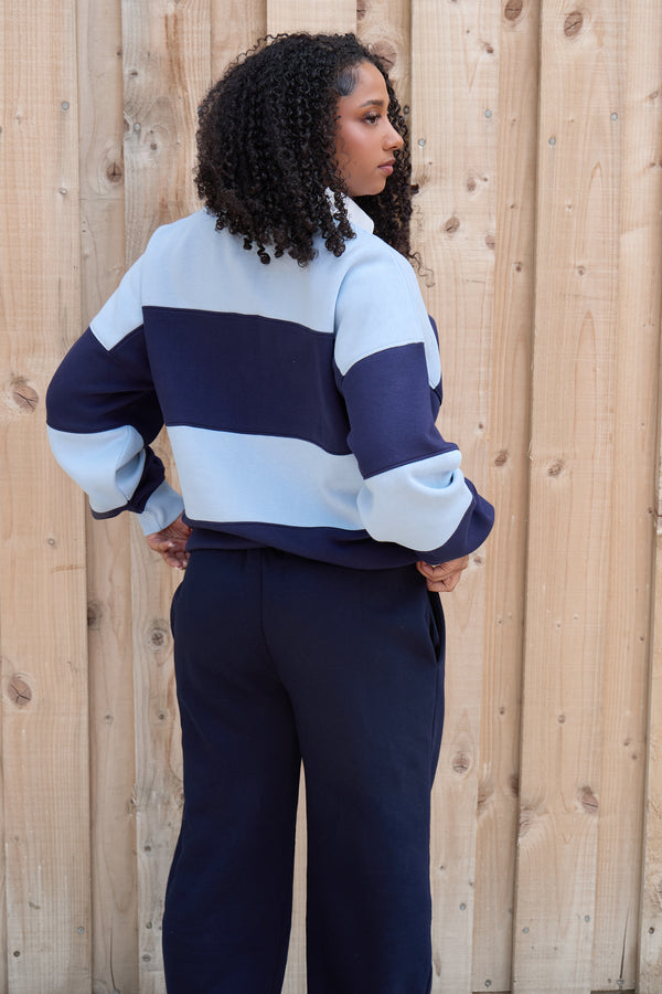 Kaiia Striped Oversized Rugby Sweatshirt Navy & Sky Blue