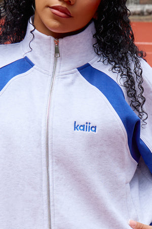 Kaiia Sport Contrast Panel Oversized Zip Through Sweatshirt Light Grey Marl & Deep Cobalt