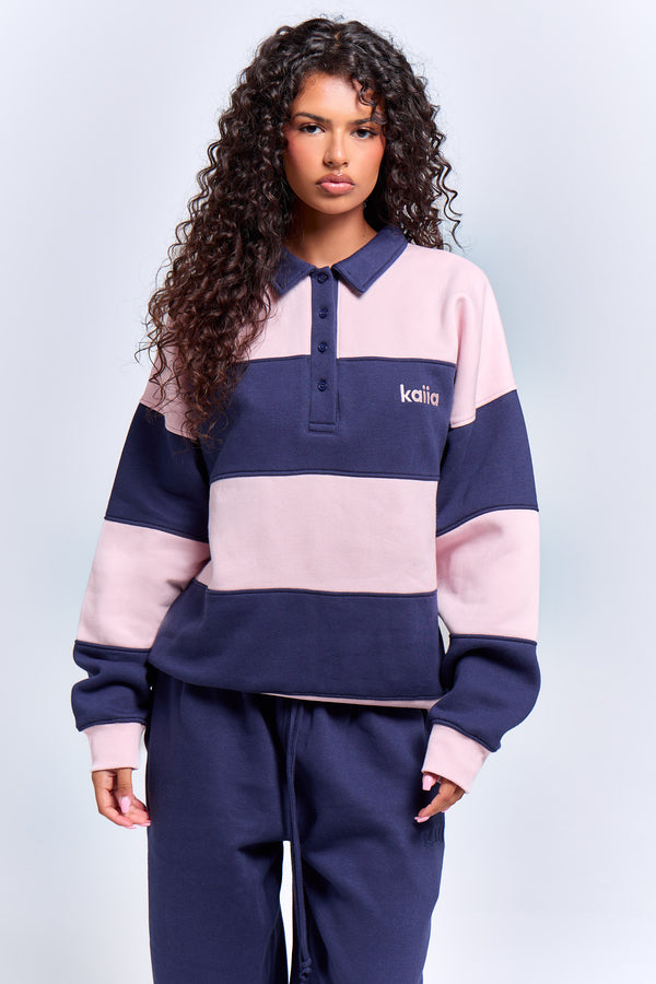 Kaiia Striped Oversized Rugby Sweatshirt Deep Blue & Pink Chai