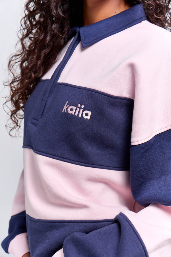 Kaiia Striped Oversized Rugby Sweatshirt Deep Blue & Pink Chai