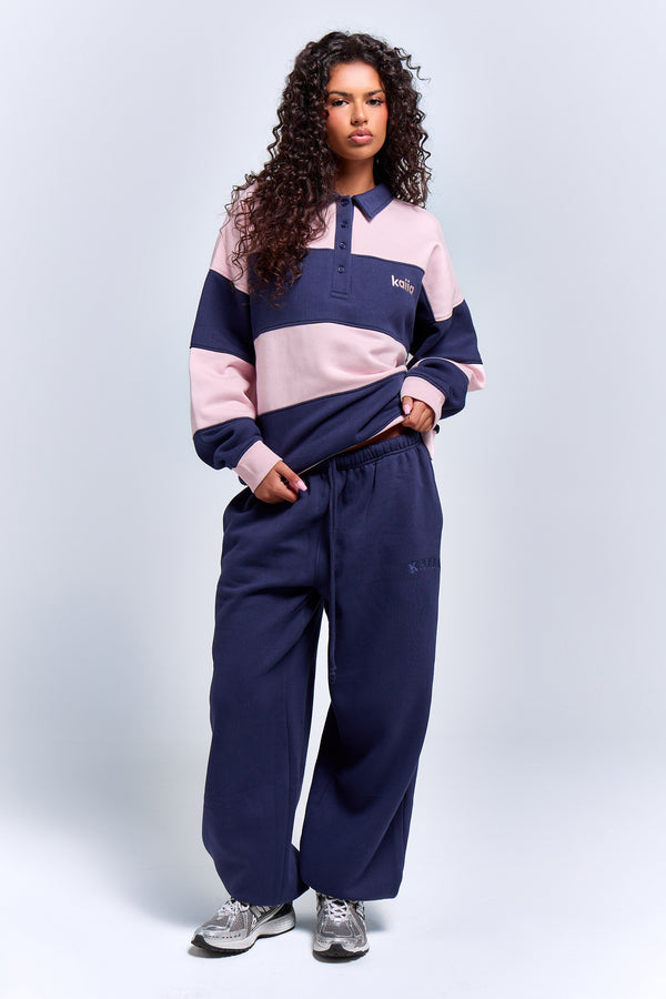 Kaiia Striped Oversized Rugby Sweatshirt Deep Blue & Pink Chai