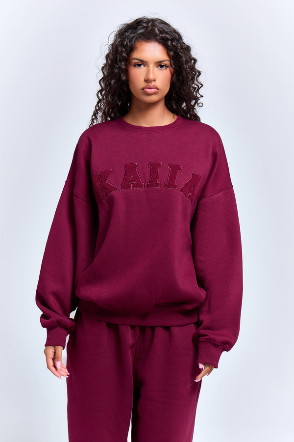Kaiia Borg Slogan Oversized Sweatshirt Deep Burgundy