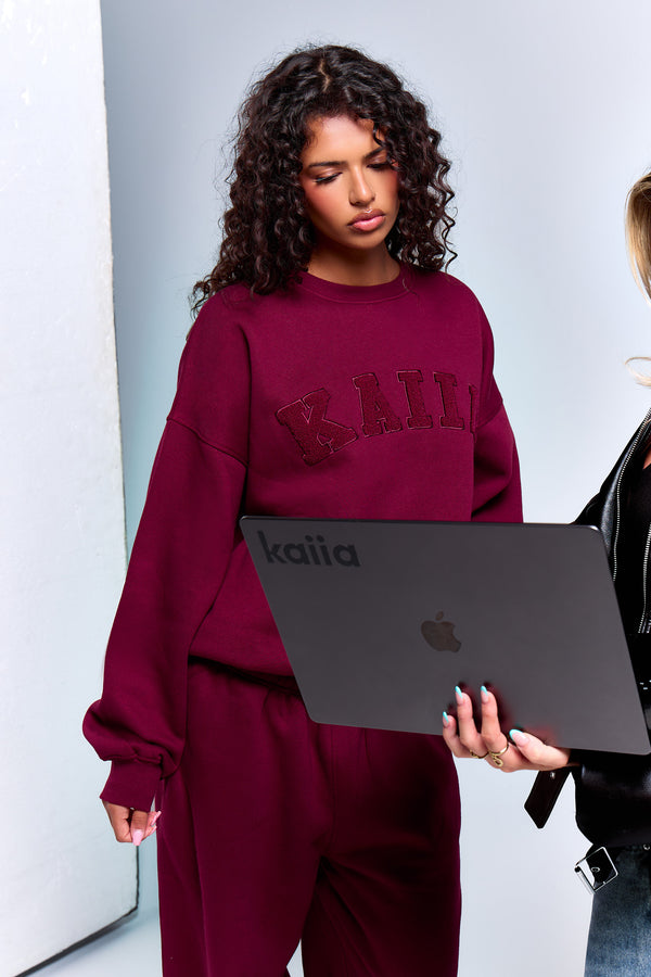 Kaiia Borg Slogan Oversized Sweatshirt Deep Burgundy