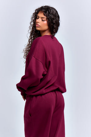 Kaiia Borg Slogan Oversized Sweatshirt Deep Burgundy