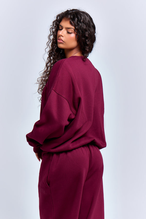 Kaiia Borg Slogan Oversized Sweatshirt Deep Burgundy