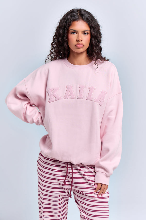 Kaiia Borg Slogan Oversized Sweatshirt Pink Chai