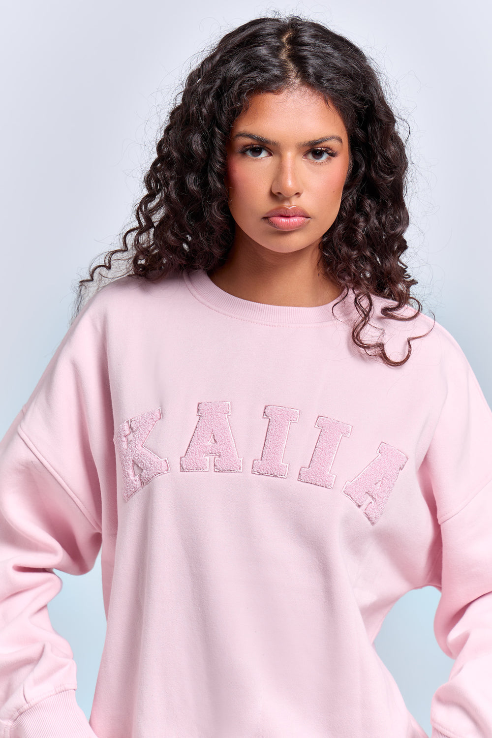 Kaiia Borg Slogan Oversized Sweatshirt Pink Chai
