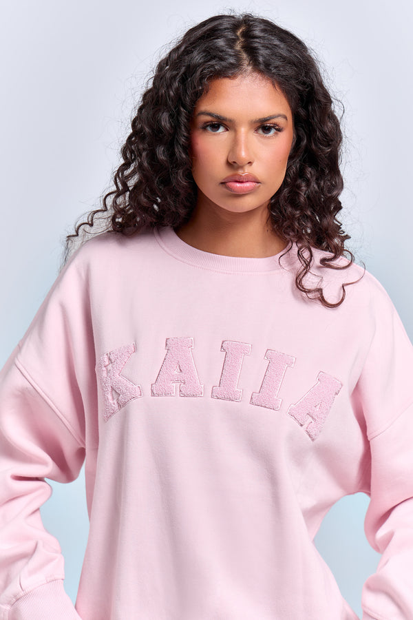 Kaiia Borg Slogan Oversized Sweatshirt Pink Chai