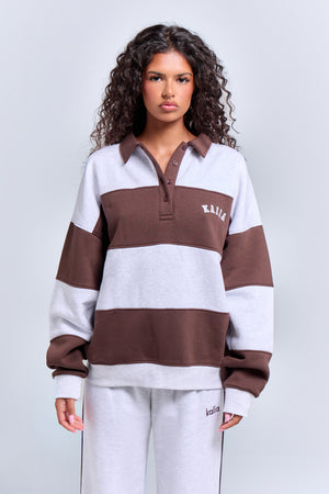 Kaiia Striped Oversized Rugby Sweatshirt Light Grey Marl & Chocolate
