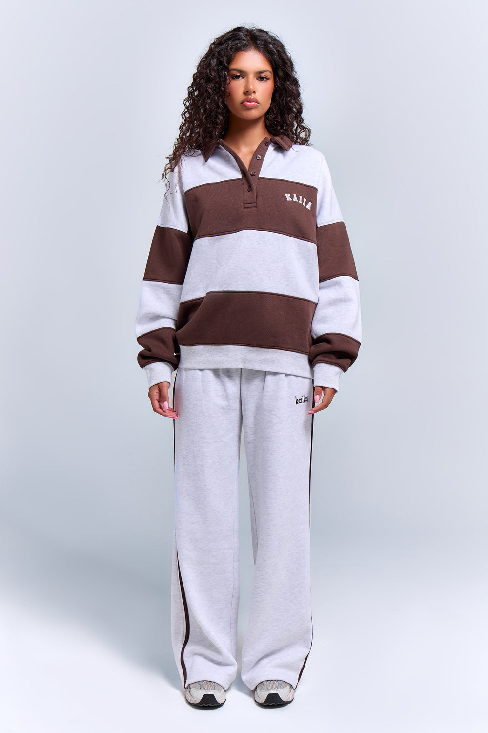 Kaiia Striped Oversized Rugby Sweatshirt Light Grey Marl & Brown