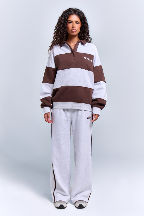 Kaiia Striped Oversized Rugby Sweatshirt Light Grey Marl & Chocolate