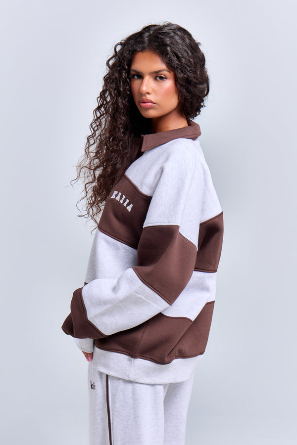 Kaiia Striped Oversized Rugby Sweatshirt Light Grey Marl & Chocolate