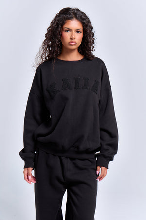 Kaiia Borg Slogan Oversized Sweatshirt Black