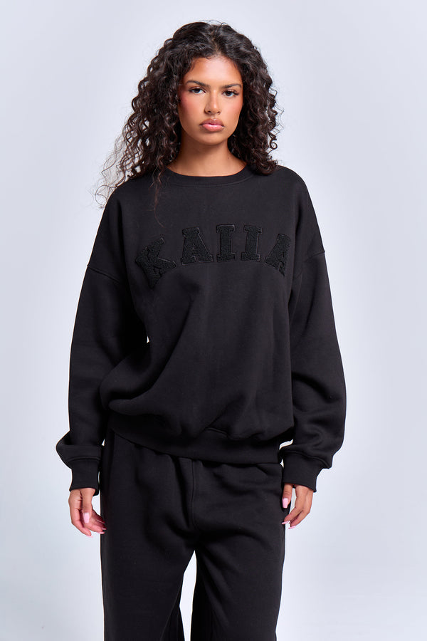 Kaiia Borg Slogan Oversized Sweatshirt Black