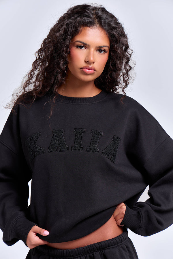 Kaiia Borg Slogan Oversized Sweatshirt Black