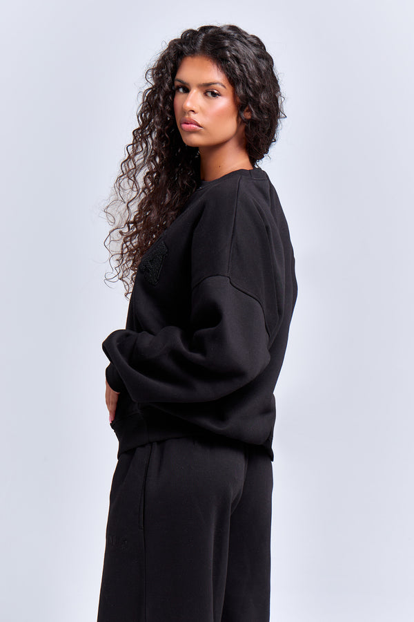 Kaiia Borg Slogan Oversized Sweatshirt Black