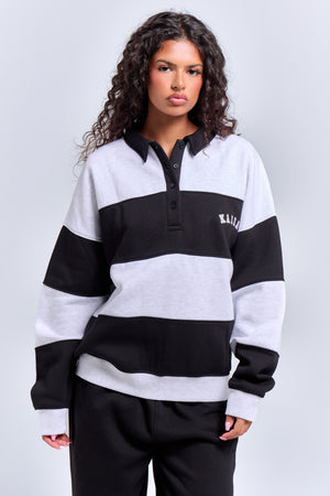 Kaiia Striped Oversized Rugby Sweatshirt Light Grey Marl & Black