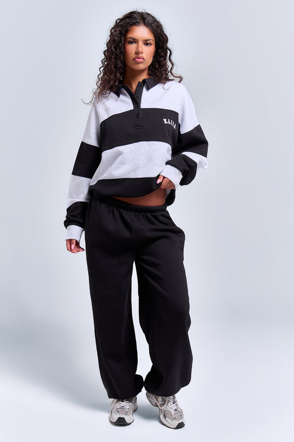 Kaiia Striped Oversized Rugby Sweatshirt Light Grey Marl & Black