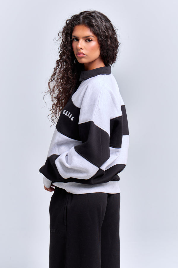 Kaiia Striped Oversized Rugby Sweatshirt Light Grey Marl & Black