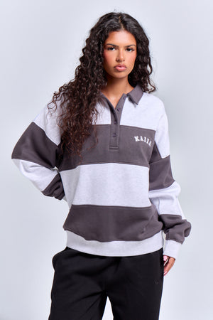 Kaiia Striped Oversized Rugby Sweatshirt Light Grey Marl & Dark Grey