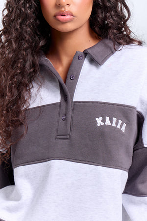 Kaiia Striped Oversized Rugby Sweatshirt Light Grey Marl & Dark Grey