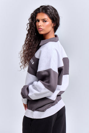 Kaiia Striped Oversized Rugby Sweatshirt Light Grey Marl & Dark Grey