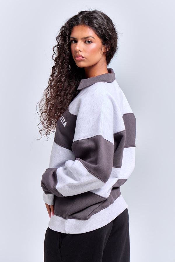 Kaiia Striped Oversized Rugby Sweatshirt Light Grey Marl & Dark Grey