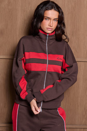 Kaiia Retro Stripe Oversized Zip Through Sweatshirt Brown & Red