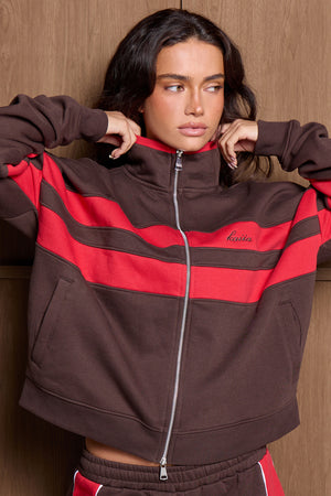 Kaiia Retro Stripe Oversized Zip Through Sweatshirt Brown & Red