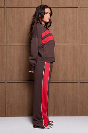 Kaiia Retro Stripe Oversized Zip Through Sweatshirt Brown & Red