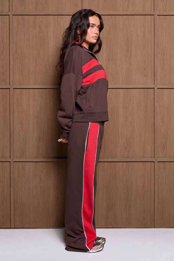 Kaiia Retro Stripe Oversized Zip Through Sweatshirt Brown & Red