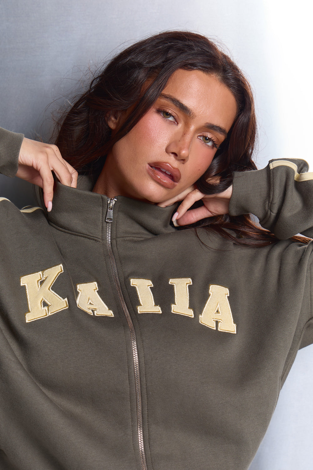 Kaiia Sport Stripe Funnel Neck Zip Through Sweatshirt Smoke Olive & Lemon