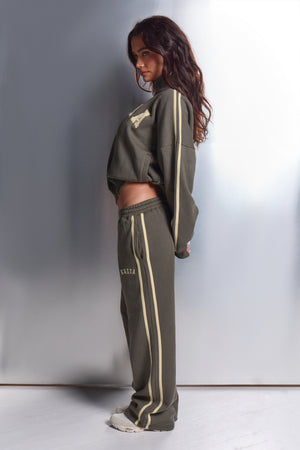 Kaiia Sport Stripe Funnel Neck Zip Through Sweatshirt Smoke Olive & Lemon