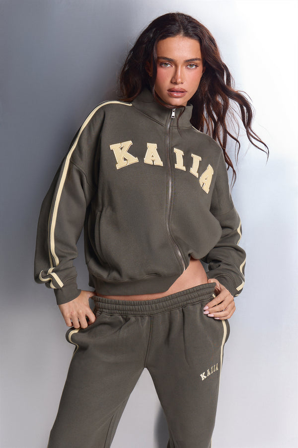 Kaiia Sport Stripe Funnel Neck Zip Through Sweatshirt Smoke Olive & Lemon