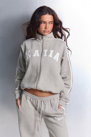 Kaiia Sport Stripe Funnel Neck Zip Through Sweatshirt Soft Grey & White