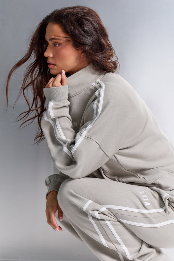 Kaiia Sport Stripe Funnel Neck Zip Through Sweatshirt Soft Grey & White