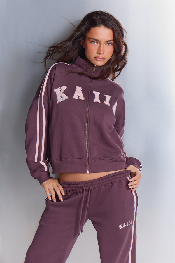 Kaiia Sport Stripe Funnel Neck Zip Through Sweatshirt Huckleberry & Pink