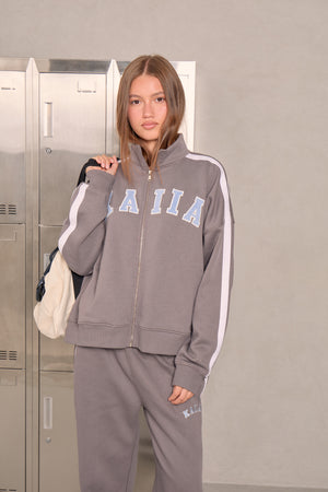 Kaiia Sport Stripe Funnel Neck Zip Through Sweatshirt Deep Grey & Powder Blue